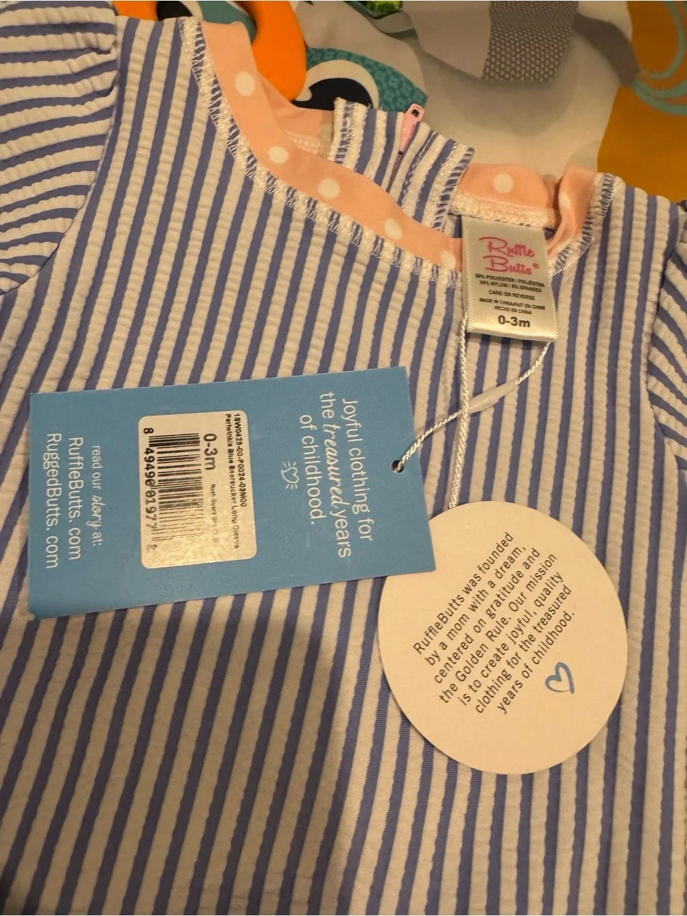 Ruffle Butts Blue & White Striped Baby Romper with Pink Trim